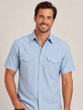 Mens Light Blue Western Pearl Snap Shirt Short Sleeve 70s Y2K Vtg Rockabilly